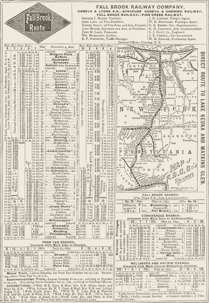 Fall Brook Railway -  Schedule 1892