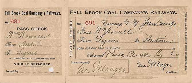 1890 Fall Brook Railway Trip Pass