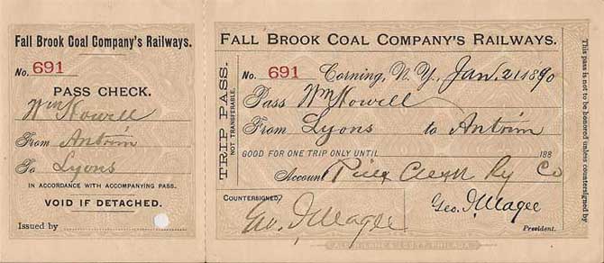 1890 Fall Brook Railway Trip Pass